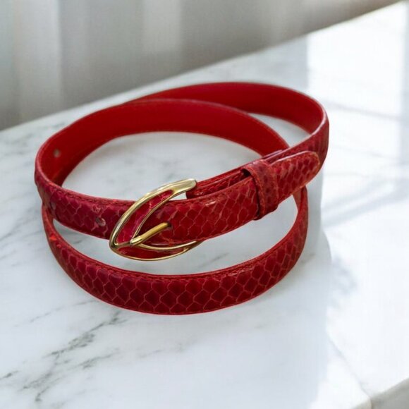Vintage Genuine Snake Skin Red Leather Belt Size Medium - Picture 1 of 9